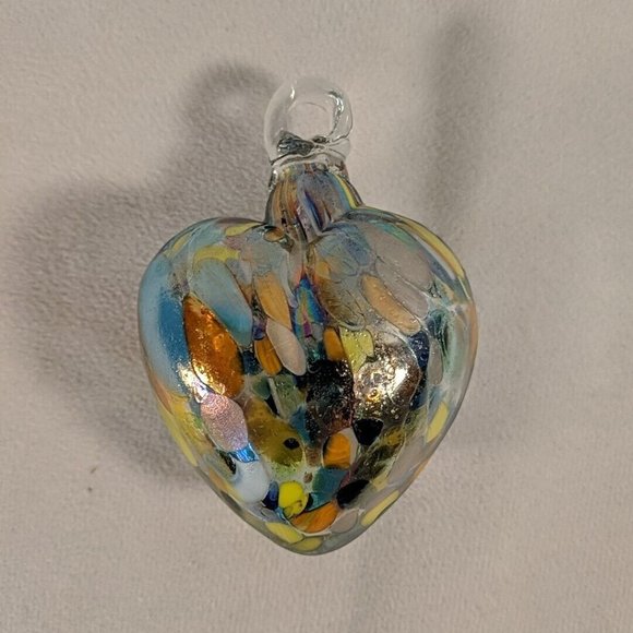 Hand Blown Colorful Art Glass Heart Hanging Ornament Decor Multi Gold 3.5" - Picture 3 of 10